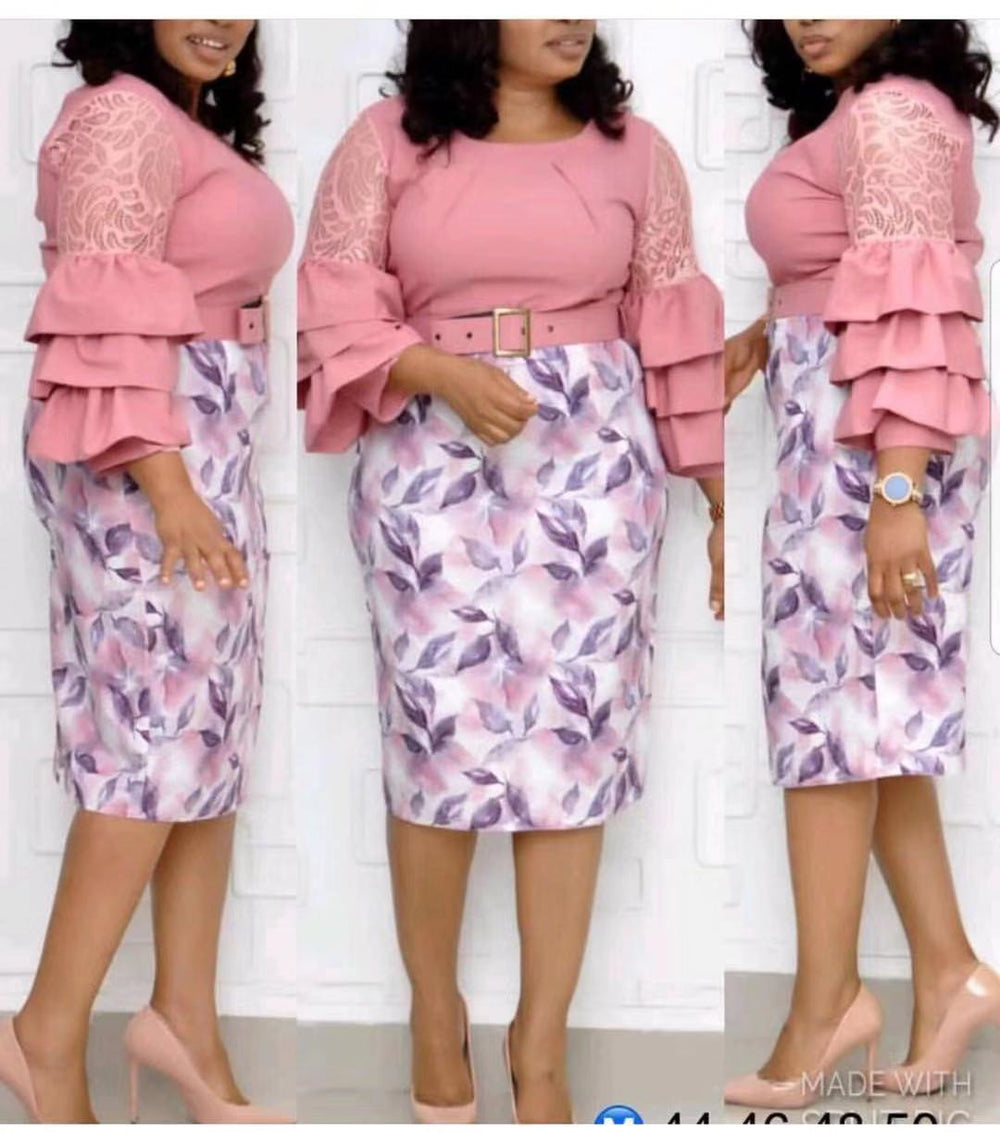 Aliexpress  round neck socialite lace patchwork leaf print slim fit dress european and american foreign trade plus size women's clothing