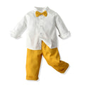 Autumn new korean style boys' outfit: long-sleeved stand collar white shirt and suspender pants, gentleman's two-piece set for kids