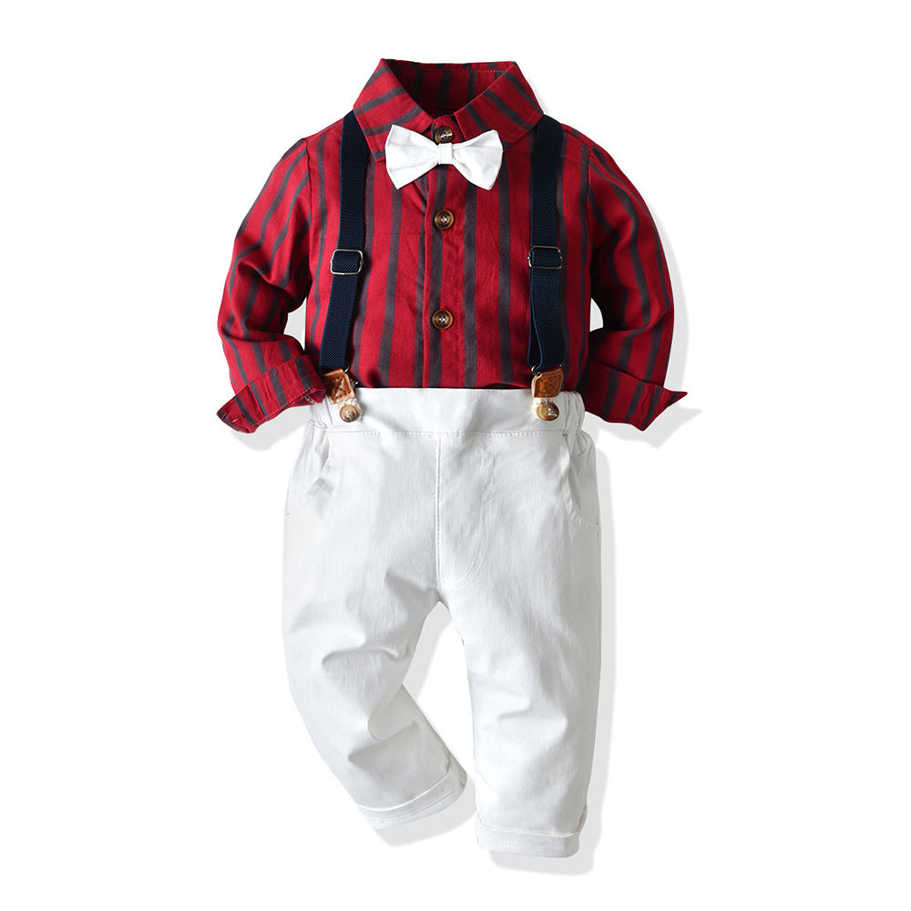 wholesale set: spring/autumn boys' long-sleeve striped turn-down collar shirt & overalls - oem children's formal wear customization