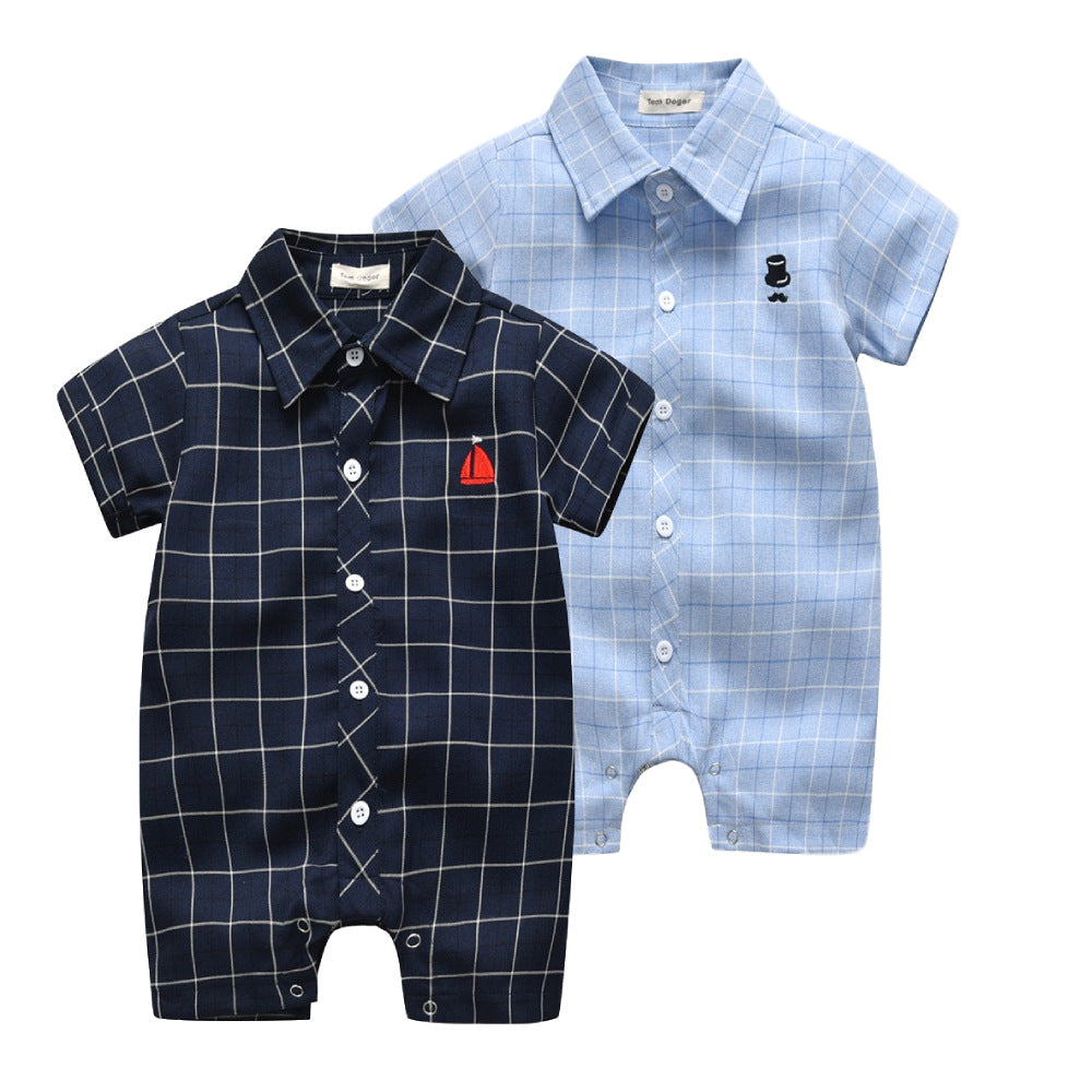 New summer collection: plaid short-sleeve cotton baby romper - two-tone design, perfect for outdoor adventures and easy to match