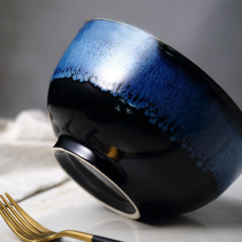 Ceramic creative rice bowl japanese style personal bowl and chopsticks blue glaze blue kiln ice cracked tableware bowl antique glaze