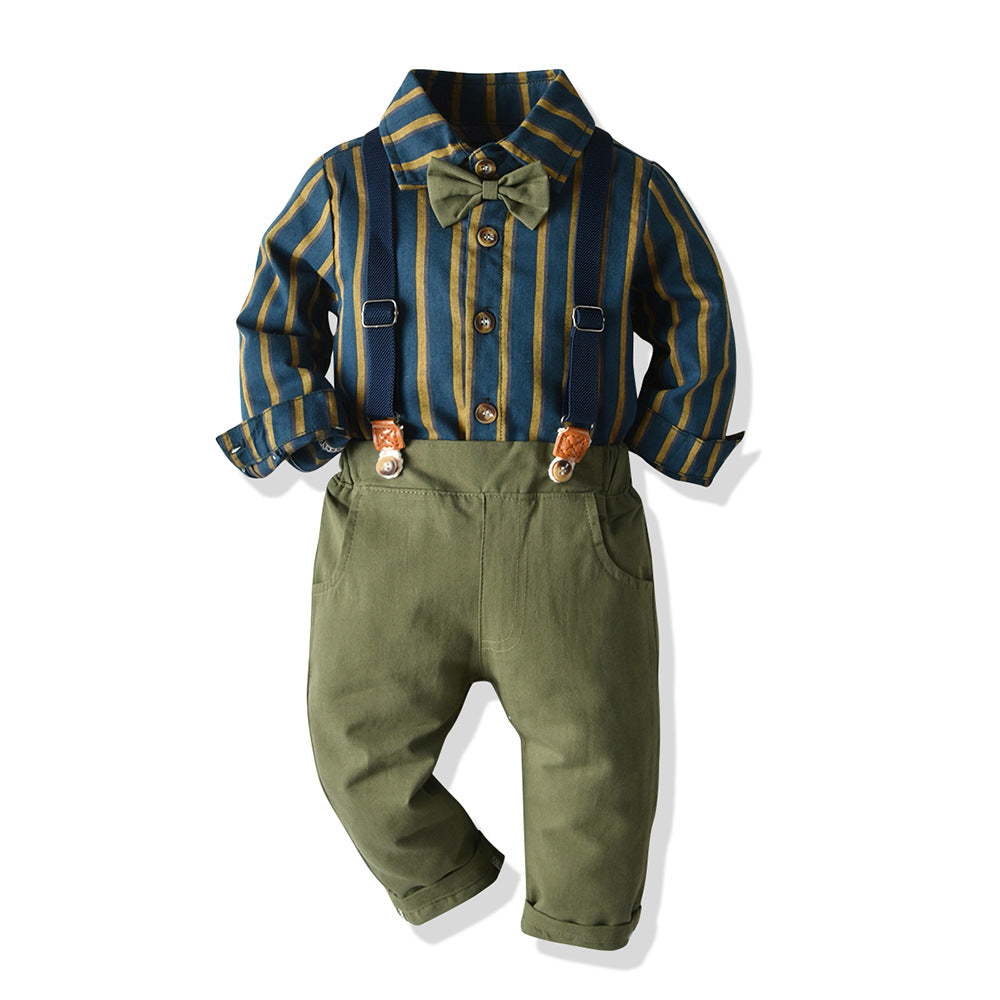 Wholesale manufacturer: cross-border spring/summer/autumn/winter boys' clothing set - long-sleeved striped turn-down collar shirt & overalls - children's formal wear