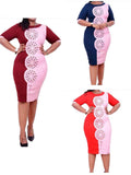 foreign trade clothing   african plus size women's clothing double color burnt flower cut out round neck dress