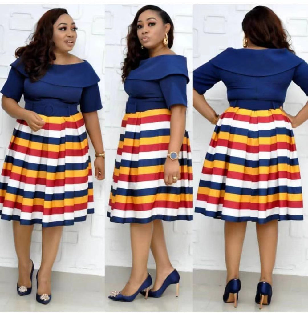 cross-border sourcing:  plus size african women's clothing - collared colorful striped maxi dress