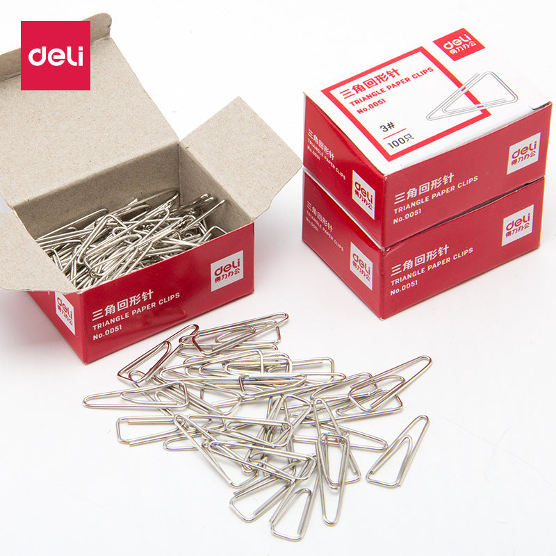 Deli 0051 triangular paperclip 3 #3 thickened electroplated metal triangular paperclip 100 pieces in a box wholesale