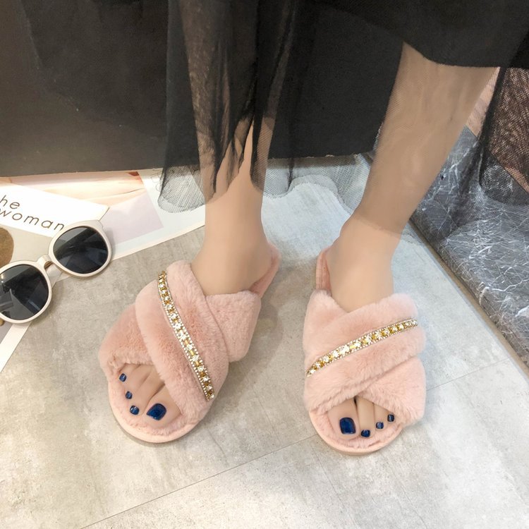 2024 fall/winter new collection: rhinestone-embellished criss-cross fuzzy slippers - women's casual indoor floor cotton slippers - open-toe plush slippers