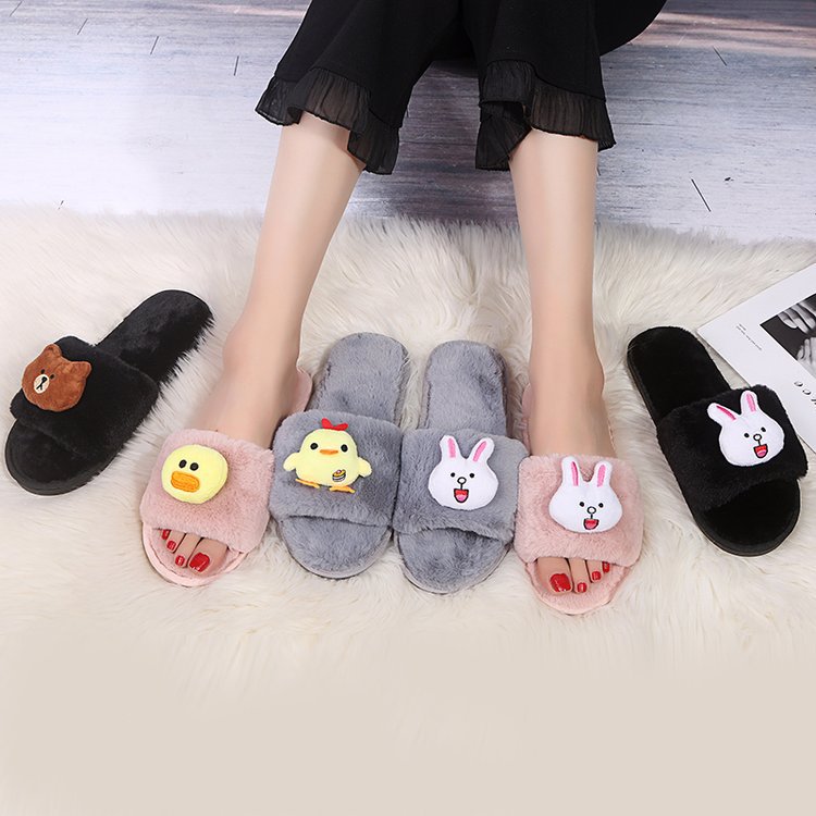 Cute cartoon parent-child slippers, fluffy slippers for boys and girls, autumn and winter indoor student cotton slippers, warm one-strap slides