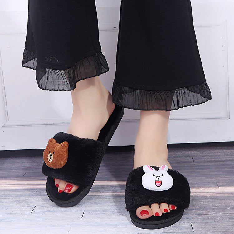 Cute cartoon parent-child slippers, fluffy slippers for boys and girls, autumn and winter indoor student cotton slippers, warm one-strap slides