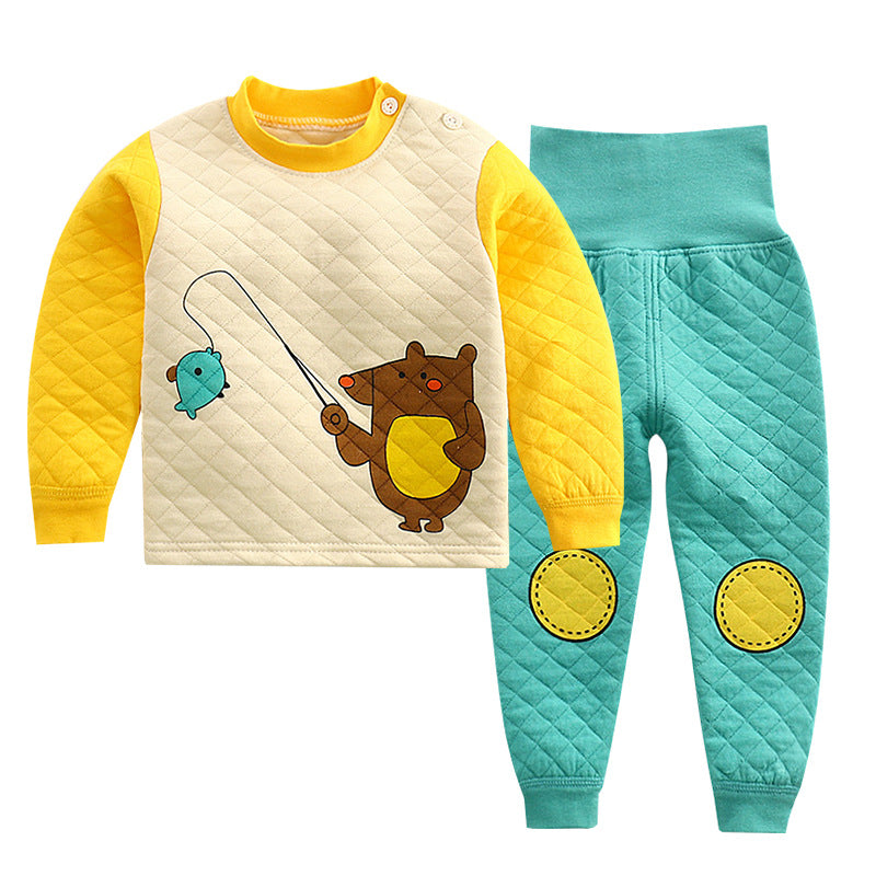 Winterpure cottonkidsheattechintimatessuit three-layer quilted baby high waist belly protection fleece-linedthickened autumn clothes and long trousers
