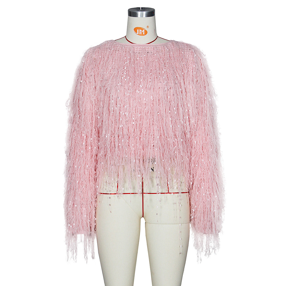 Wish  hot selling european and american women's fall/winter sweater cardigan fashion handmade tassel knitted pullover sweater