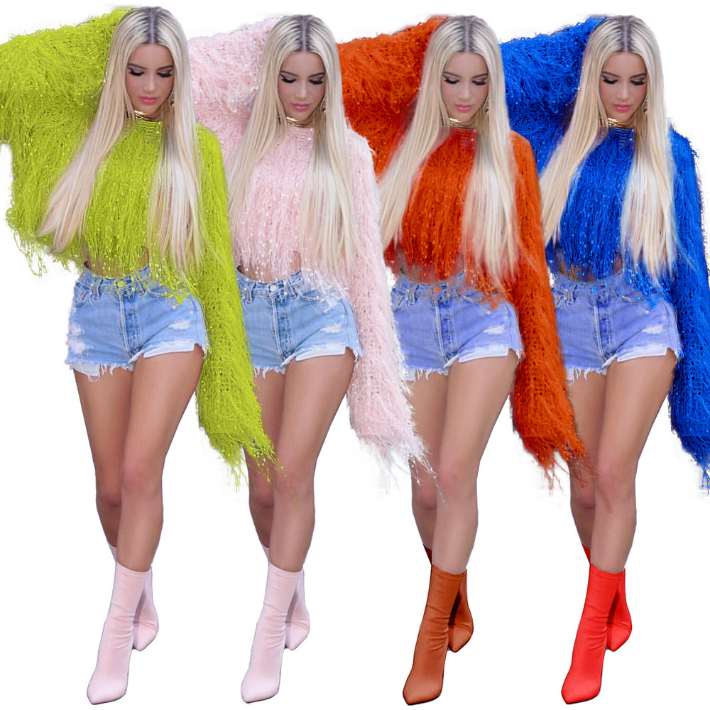 Wish  hot selling european and american women's fall/winter sweater cardigan fashion handmade tassel knitted pullover sweater