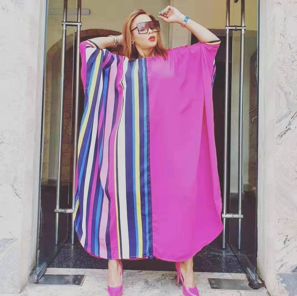 cross-border e-commerce   african plus size women's vertical stripe printed sleeve dress wholesale