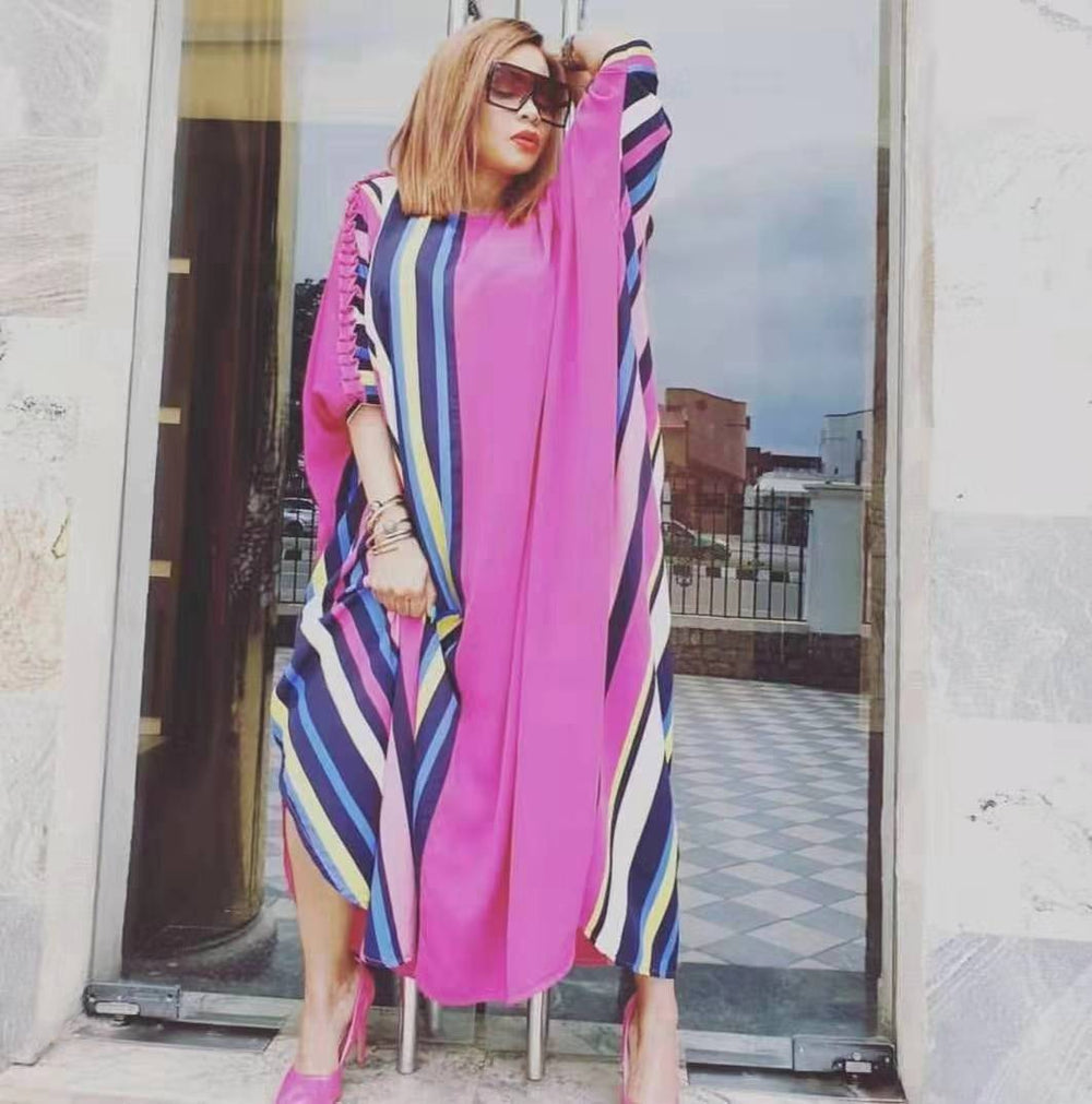 cross-border e-commerce   african plus size women's vertical stripe printed sleeve dress wholesale