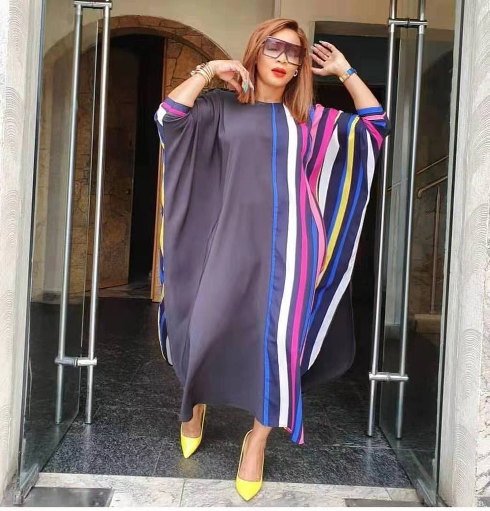 cross-border e-commerce   african plus size women's vertical stripe printed sleeve dress wholesale