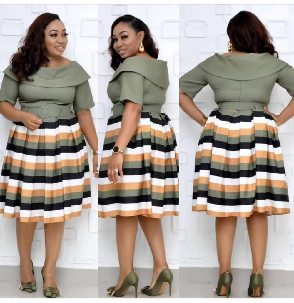cross-border sourcing:  plus size african women's clothing - collared colorful striped maxi dress
