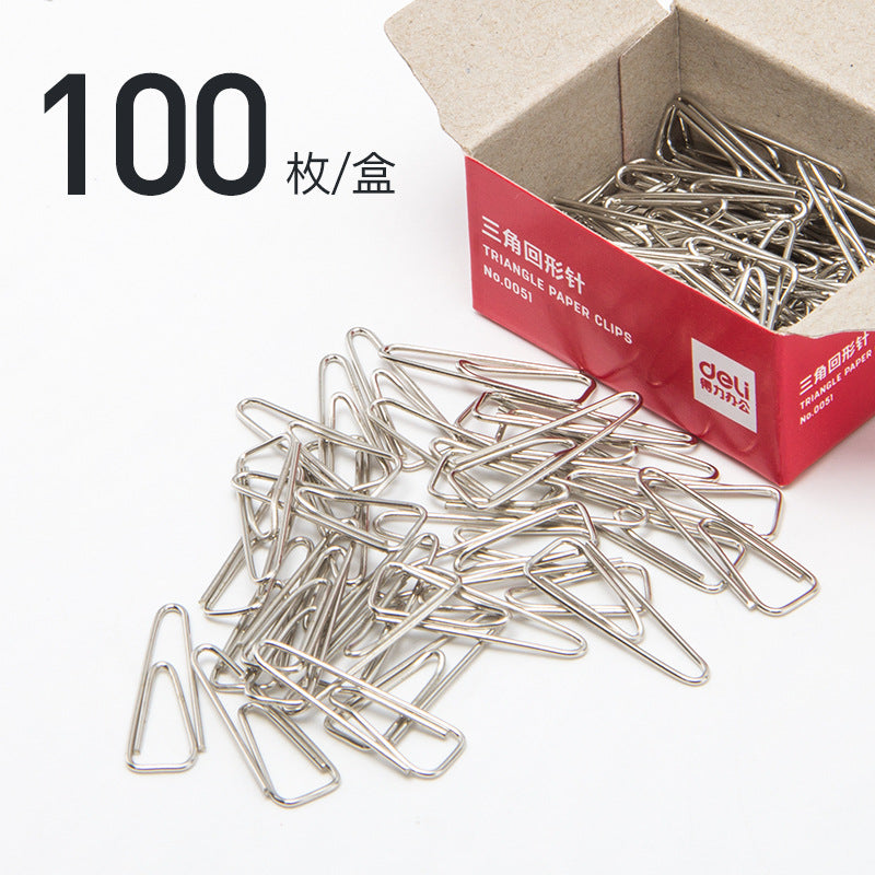 Deli 0051 triangular paperclip 3 #3 thickened electroplated metal triangular paperclip 100 pieces in a box wholesale