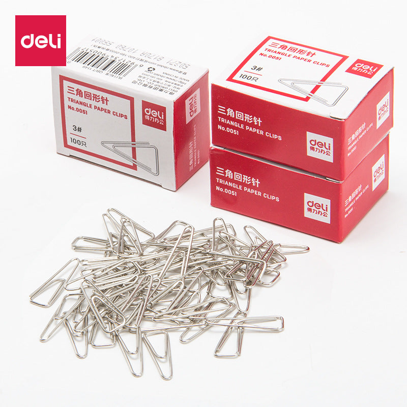 Deli 0051 triangular paperclip 3 #3 thickened electroplated metal triangular paperclip 100 pieces in a box wholesale