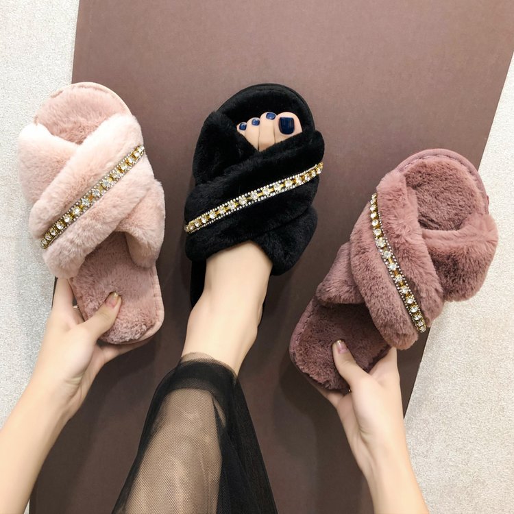 2024 fall/winter new collection: rhinestone-embellished criss-cross fuzzy slippers - women's casual indoor floor cotton slippers - open-toe plush slippers