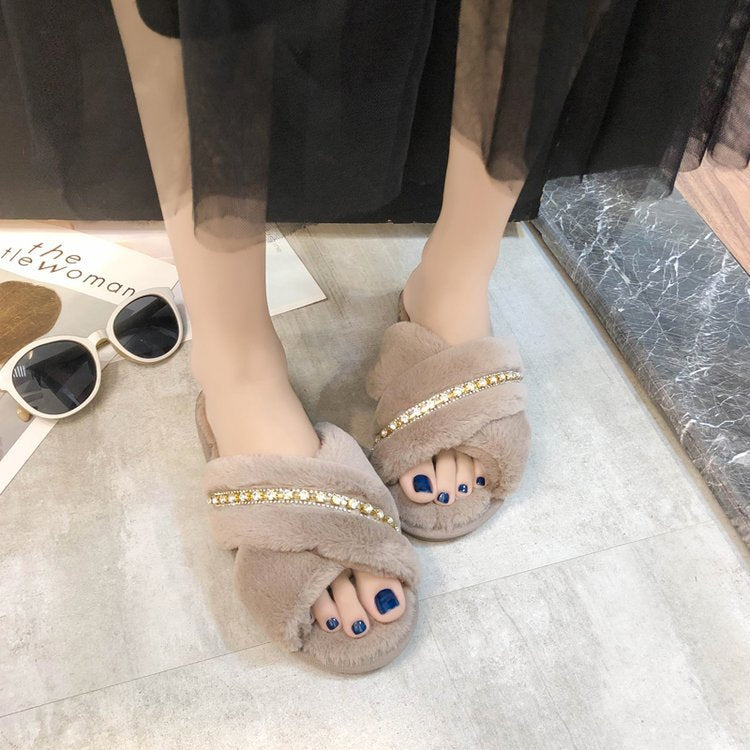 2024 fall/winter new collection: rhinestone-embellished criss-cross fuzzy slippers - women's casual indoor floor cotton slippers - open-toe plush slippers
