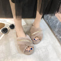2024 fall/winter new collection: rhinestone-embellished criss-cross fuzzy slippers - women's casual indoor floor cotton slippers - open-toe plush slippers