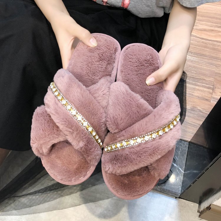 2024 fall/winter new collection: rhinestone-embellished criss-cross fuzzy slippers - women's casual indoor floor cotton slippers - open-toe plush slippers