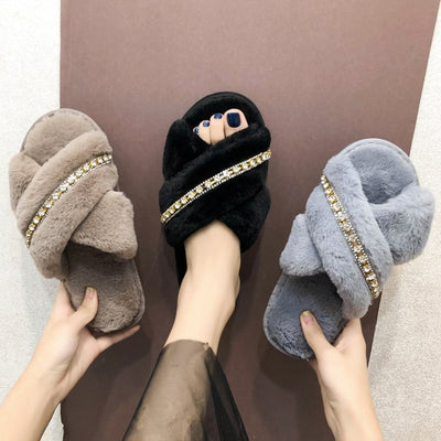 2024 fall/winter new collection: rhinestone-embellished criss-cross fuzzy slippers - women's casual indoor floor cotton slippers - open-toe plush slippers