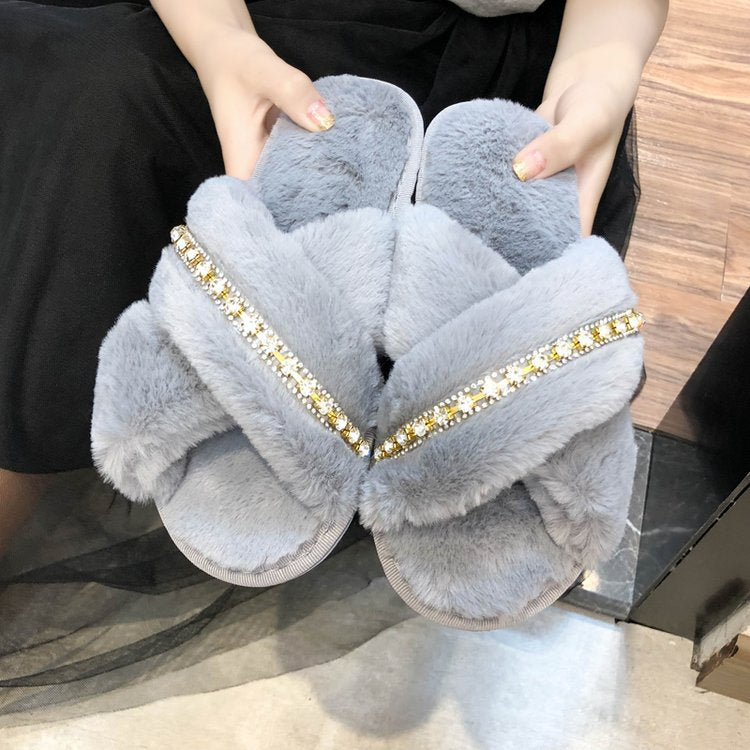 2024 fall/winter new collection: rhinestone-embellished criss-cross fuzzy slippers - women's casual indoor floor cotton slippers - open-toe plush slippers