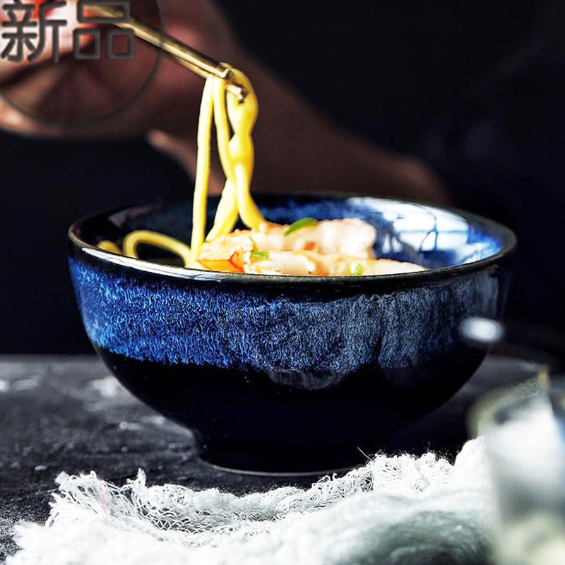 Ceramic creative rice bowl japanese style personal bowl and chopsticks blue glaze blue kiln ice cracked tableware bowl antique glaze