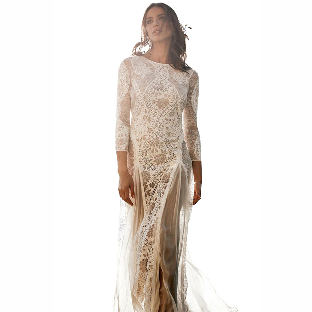 spring new arrivals: european and american style women's elegant party & wedding dresses - round neck, long sleeve, printed, open back lace dress