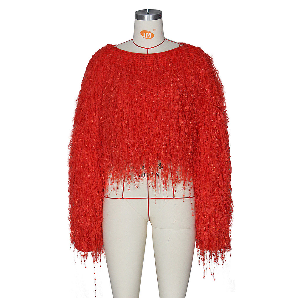 Wish  hot selling european and american women's fall/winter sweater cardigan fashion handmade tassel knitted pullover sweater