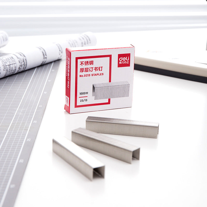 Deli 0213 stainless steel thick layer staples, large staples 23/13 1000 pieces/box, can be ordered for 100 pages