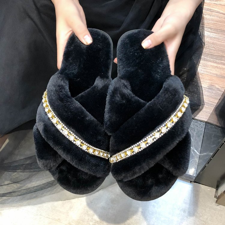 2024 fall/winter new collection: rhinestone-embellished criss-cross fuzzy slippers - women's casual indoor floor cotton slippers - open-toe plush slippers