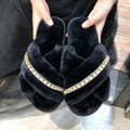 2024 fall/winter new collection: rhinestone-embellished criss-cross fuzzy slippers - women's casual indoor floor cotton slippers - open-toe plush slippers