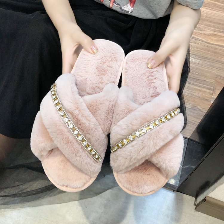2024 fall/winter new collection: rhinestone-embellished criss-cross fuzzy slippers - women's casual indoor floor cotton slippers - open-toe plush slippers