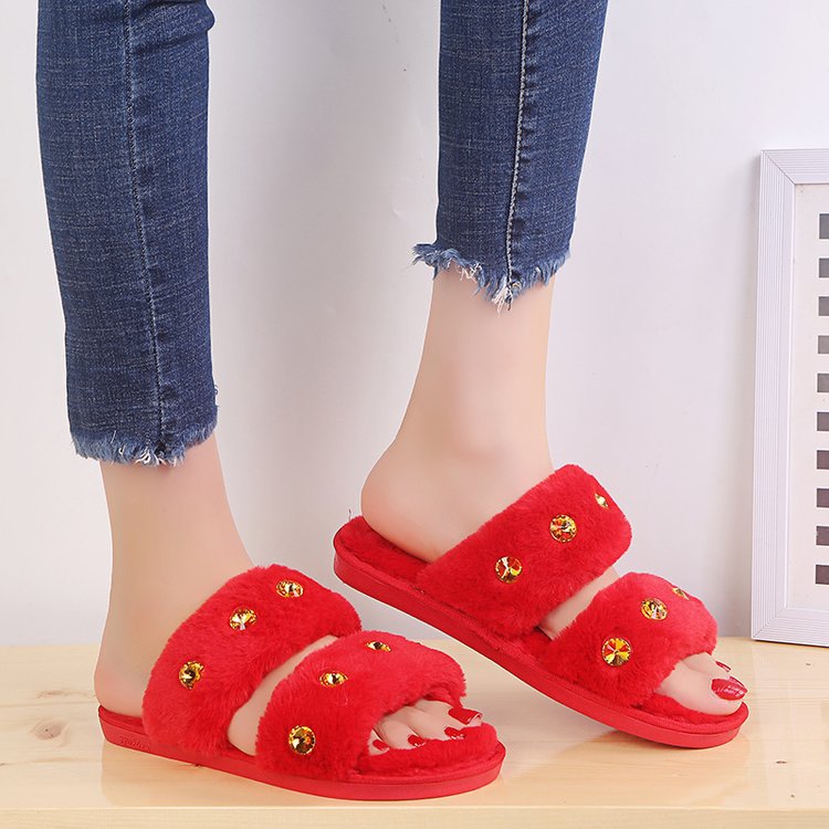 2024 new autumn rhinestone korean style fashionable outerwear chic harajuku fuzzy slippers social flat half slippers women's shoes
