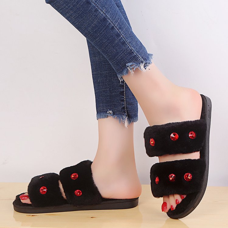 2024 new autumn rhinestone korean style fashionable outerwear chic harajuku fuzzy slippers social flat half slippers women's shoes