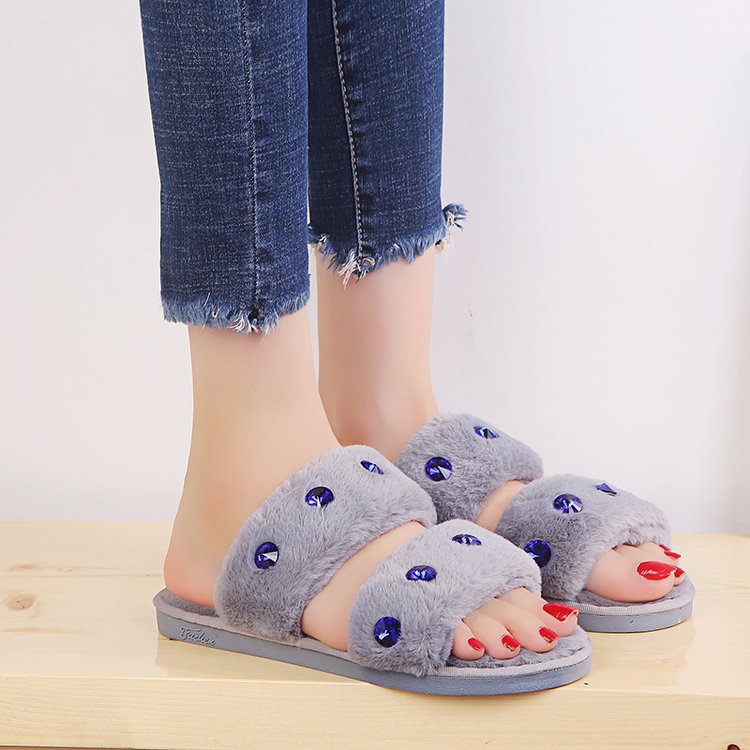 2024 new autumn rhinestone korean style fashionable outerwear chic harajuku fuzzy slippers social flat half slippers women's shoes