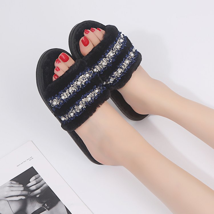 Women's slippers - new autumn 2024 collection: flat, casual, fuzzy cotton slippers with rhinestone and pearl accents - export quality women's footwear