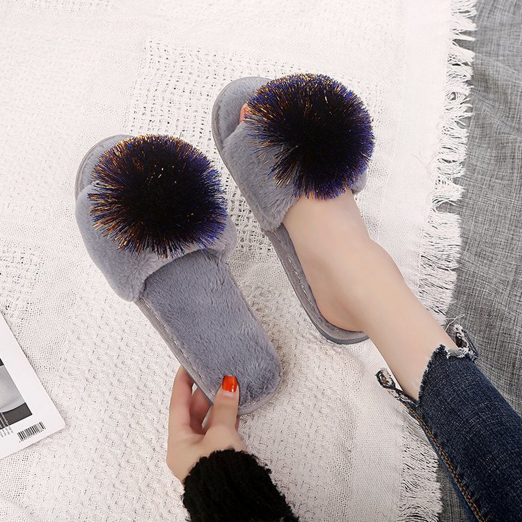 Flat bottom furry half slippers women's autumn and winter outwear 2024new arrivalfashion hair ball one word heattech furry slippers dropshipping