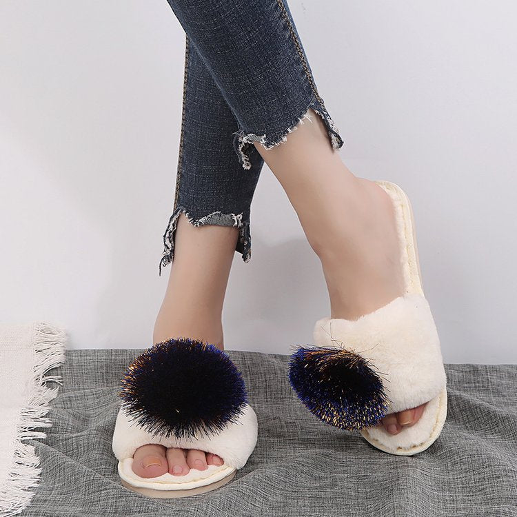 Flat bottom furry half slippers women's autumn and winter outwear 2024new arrivalfashion hair ball one word heattech furry slippers dropshipping