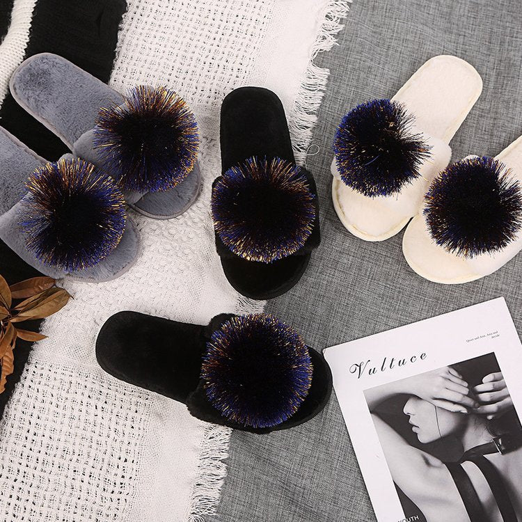 Flat bottom furry half slippers women's autumn and winter outwear 2024new arrivalfashion hair ball one word heattech furry slippers dropshipping