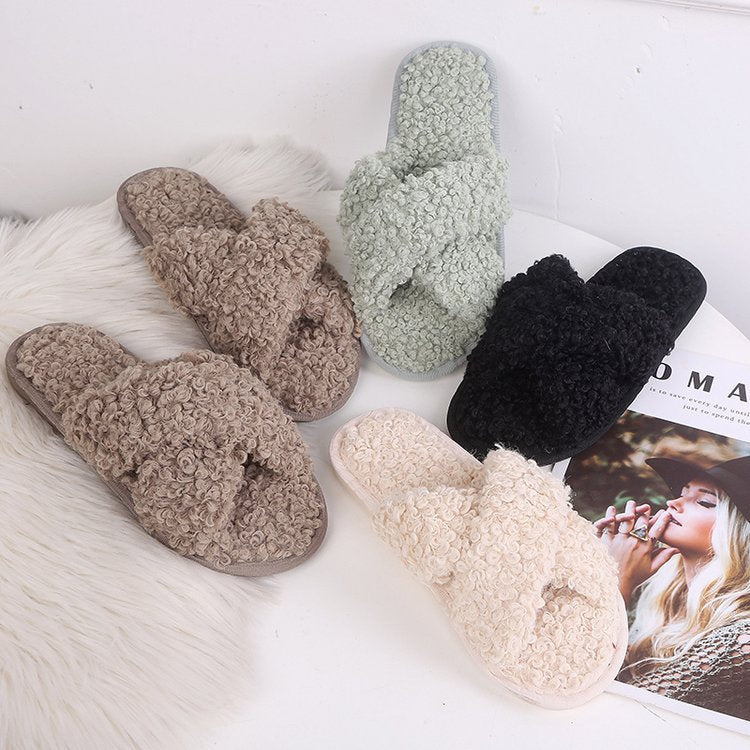 Autumn winter home candy color outdoor one-line furry slippers women open toe slippers home cotton slippers women's hair