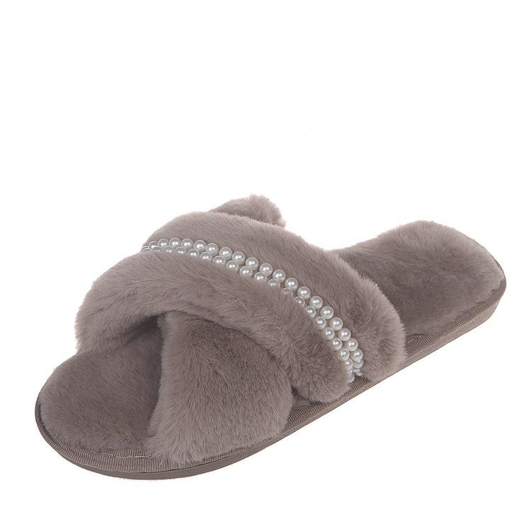 Women's shoes 2024 new korean style fuzzy slippers women's outdoor wear popular fashion pearl chic trendy shoes flat bottom sandals