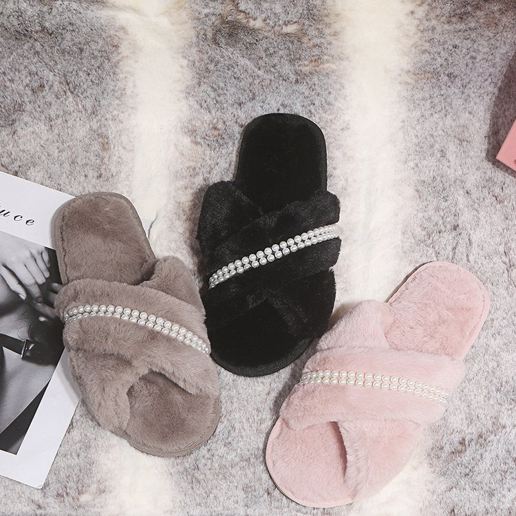 Women's shoes 2024 new korean style fuzzy slippers women's outdoor wear popular fashion pearl chic trendy shoes flat bottom sandals