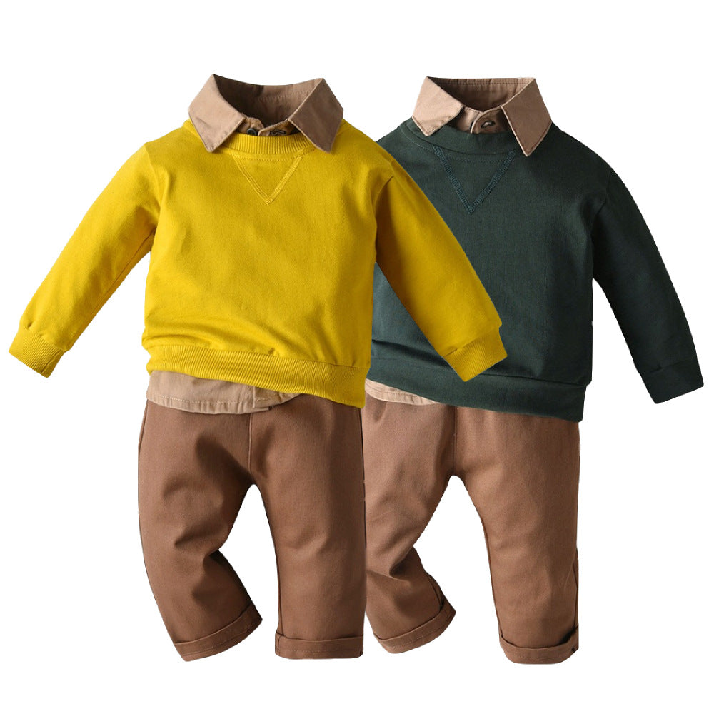 Exportfall and winternew arrivalchildren's clothingkidspulloversweatshirtshirtmatching britishpantsthree-piece setboy set