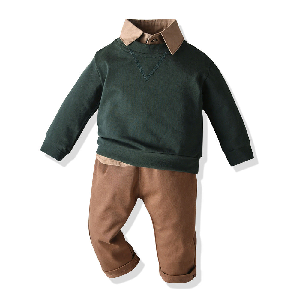 Exportfall and winternew arrivalchildren's clothingkidspulloversweatshirtshirtmatching britishpantsthree-piece setboy set