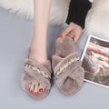 Fuzzy slippers women's winter outdoor wear 2024 autumn new fashion cross korean style student chic pearl flat sandals