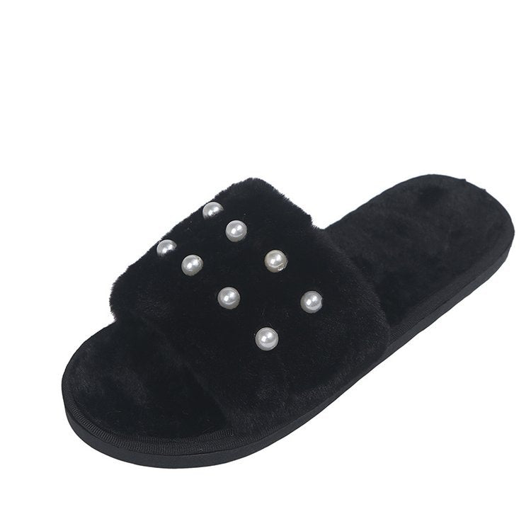 Fall and winternew arrivalcotton slippers for women heattechthick sole one-word fur slippers pearl family home floor cotton slippers wholesale