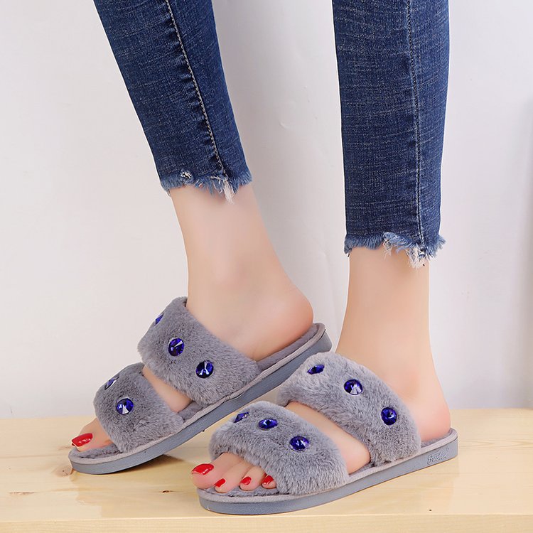 2024 new autumn rhinestone korean style fashionable outerwear chic harajuku fuzzy slippers social flat half slippers women's shoes