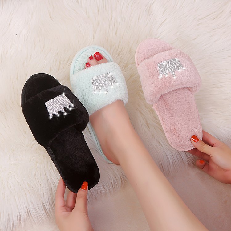 Furry slippers women's fall and winter outwear 2024 new one-line slippers furry shoes k-style crown slippers one-piece dropshipping